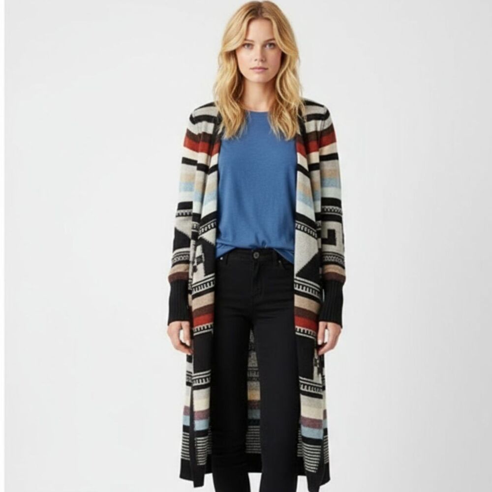 Free People Multi Color Aztec Tribal Print Knit Open Front Duster Sweater M - Picture 7 of 8